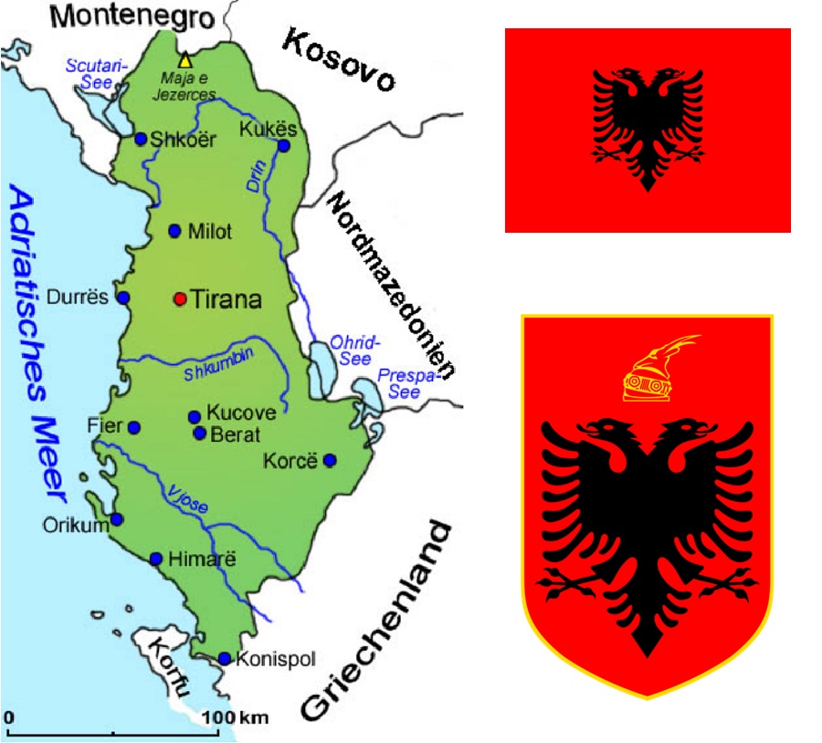 Albanien - Landkarte, Flagge und Wappen