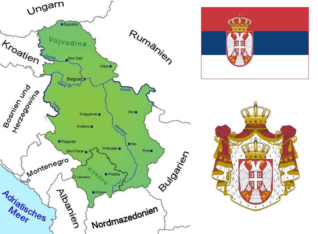 Serbien - Landkarte, Flagge und Wappen